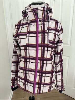 Ski Plaid Hooded Snow Jacket in Purple & White